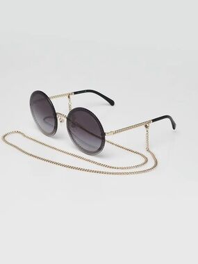 CHANEL Round Chain Sunglasses 4245 Gold Black w/ Chain Strap & Case AUTHENTIC